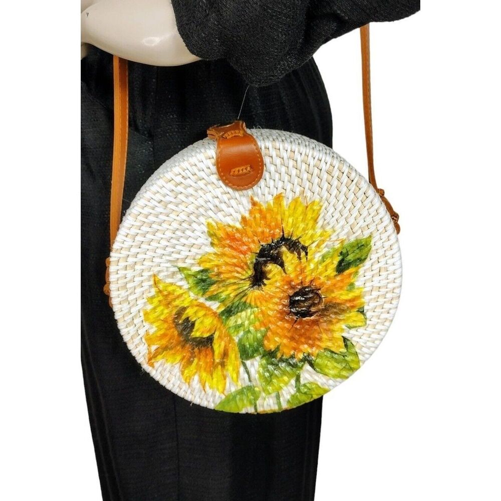 Hand Woven Rattan & Leather Boho Floral Sunflowers Crossbody Shoulder Bag Purse
